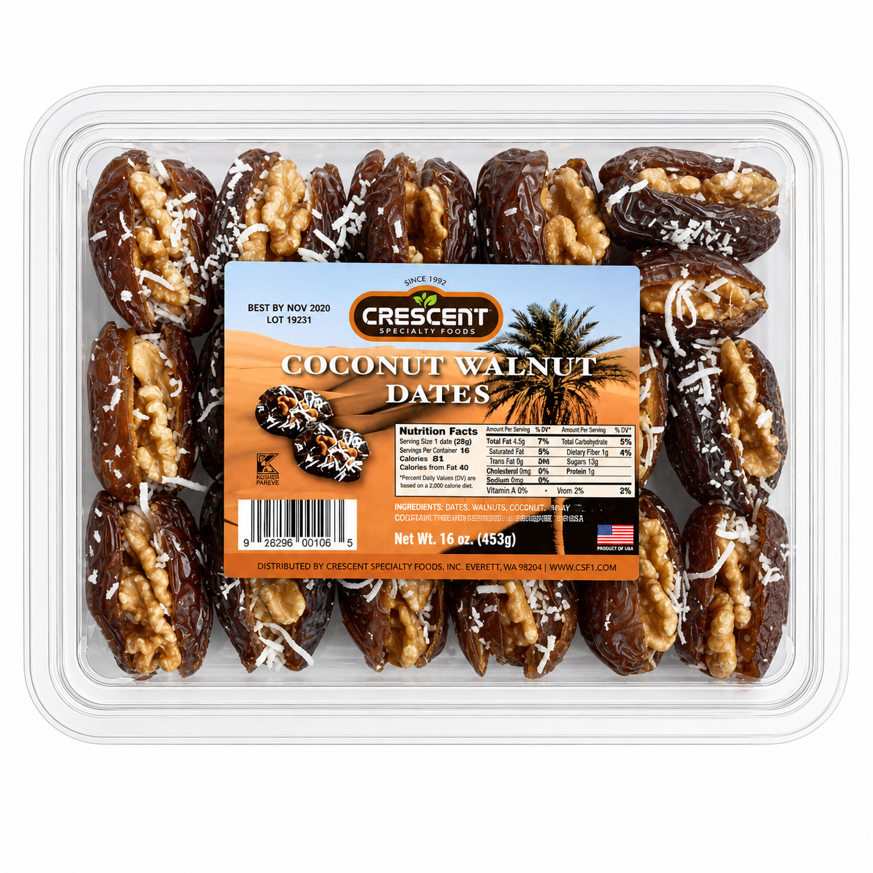 DT02H - Crescent Walnut Coconut Dates 12 x 14 oz