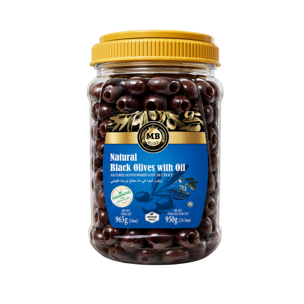 OV06G - MB Black Olives With Oil 6 x 33.5 oz (950g) Plastic Jars.