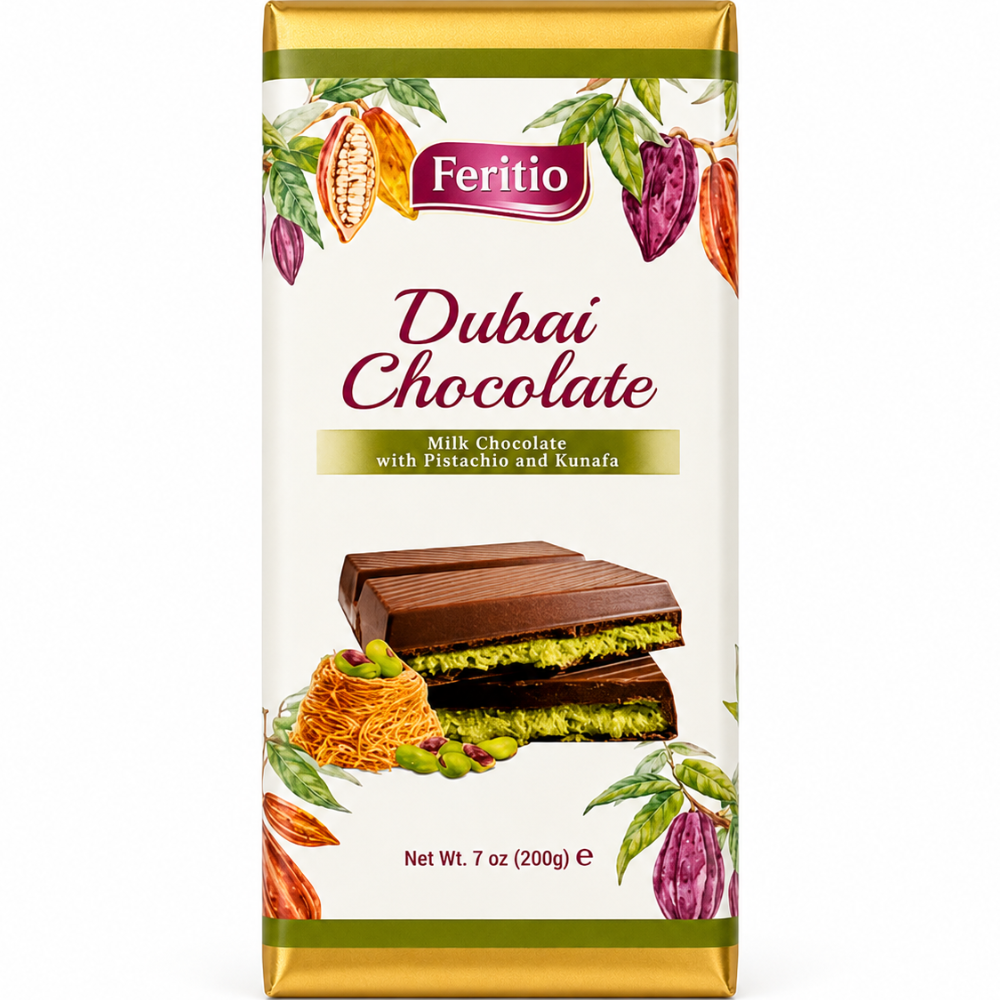 SW0904 - 200 g. Feritio Dubai Chocolate W/Pistachio Bars 24 x 200g.