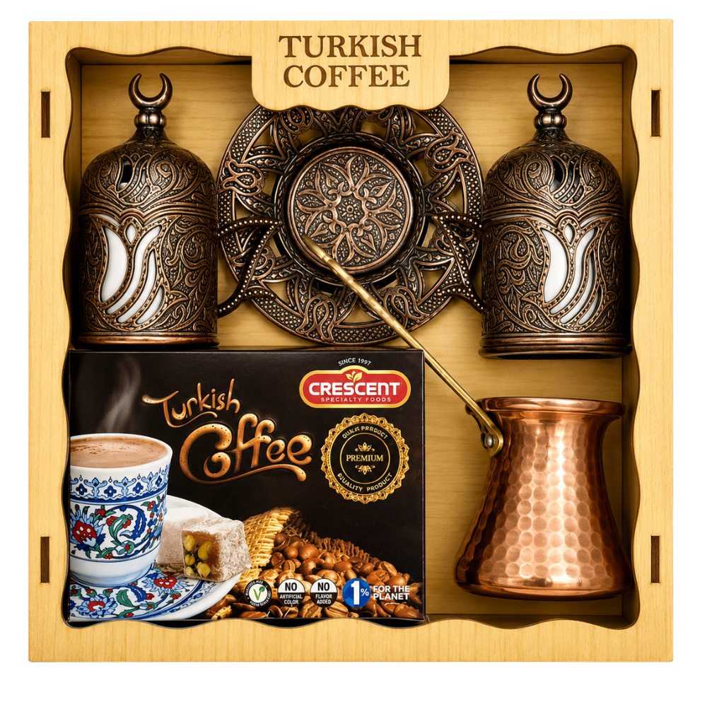 T40D – Crescent Turkish Coffee With 2 Coffee Cups,2 Zamak Sleeves For Coffee Cup &1 Coffee Pot In Wood Box