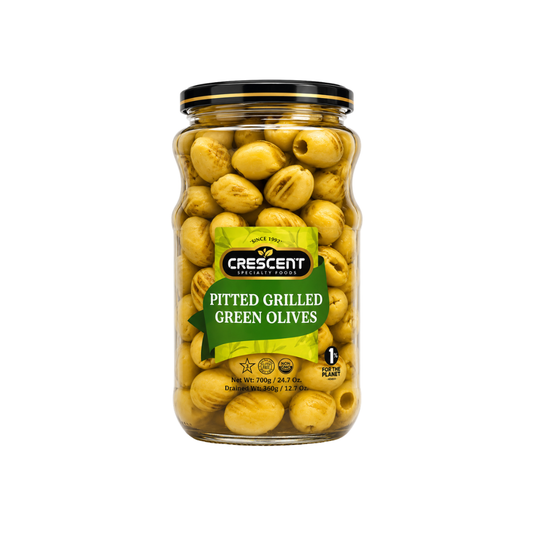 OV01P – Crescent Grilled Pitted Green Olives in Brine 12 x 24.6 oz (700g)