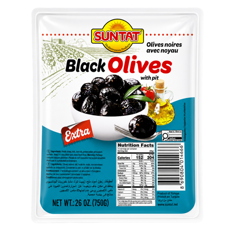 OV0601 - Suntat Black Olives With pit Vacuum (Extra) 12 x 800 g