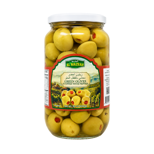 OV0801 – AL Mazrah Green Olives Stuffed With Peppers 12 x 35 oz (1000g)