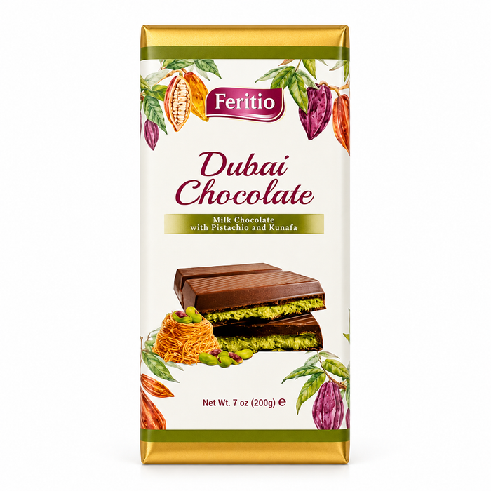 SW0904 - 200 g. Feritio Dubai Chocolate W/Pistachio Bars 24 x 200g.