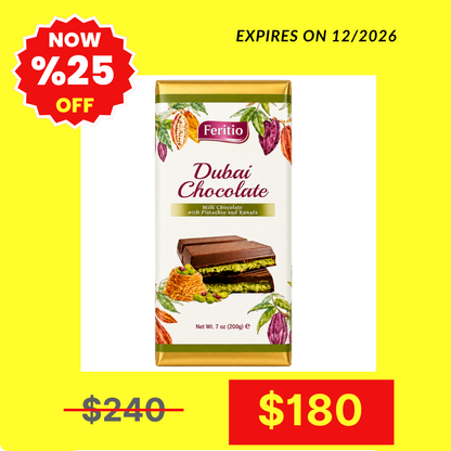 SW0904 - 200 g. Feritio Dubai Chocolate W/Pistachio Bars 24 x 200g.