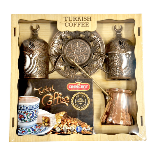 T40D – Crescent Turkish Coffee With 2 Coffee Cups,2 Zamak Sleeves For Coffee Cup &1 Coffee Pot In Wood Box